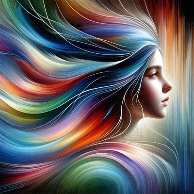 The primary subject of the image is a woman with long, flowing hair. She is the main focus of the image, and her hair is the most prominent feature. The setting is a colorful background, which adds to the overall atmosphere of the image. The visual style is a combination of digital art and illustration, creating a vibrant and dynamic scene. The colors and mood of the image are predominantly bright and lively, with the woman's hair being the main source of color and energy.